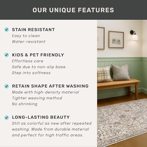 Washable 5ft Area Round Rug for Living Room - Vintage Floral & Bird Circular Rug for Kids Bedroom, Dining Room, Home Office, Boho Low Pile Non Slip, Moss Green & Olive Indoor Aesthetic Décor