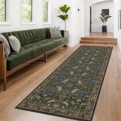 10 ft Long Vintage Runner Rugs for Hallways - 3x10 Wide Kitchen Runners, Entryway Rug, with Flowers and Leaves, Washable Non Slip Low Pile