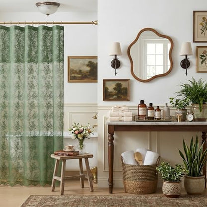 Green Lace Shower Curtain 36x72, Narrow Stall with Attached Valance
