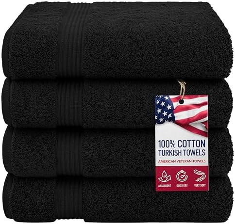 American Veteran Towel, 100% Cotton Turkish Bath Towels for Bathroom 4 Pack, 27x54 Extra Large Premium Soft Drying Bathroom Towels, Black