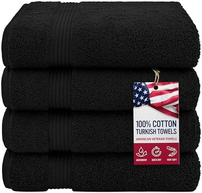 American Veteran Towel, 100% Cotton Turkish Bath Towels for Bathroom 4 Pack, 27x54 Extra Large Premium Soft Drying Bathroom Towels, Black