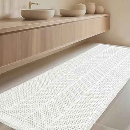 IM HOME Extra Large Waffle Bath Mat, Boho Bathroom Rugs Absorbent Non Slip, Ultra Soft Bathroom Mat, Machine Washable Knit Bath Rugs with Herringbones for Bathroom, Bedroom, Kitchen, 6'x2', White