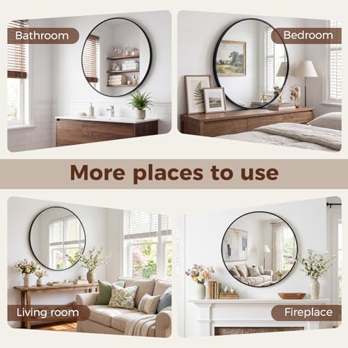 NEWBULIG 30 Inch Round Wall Mirror, Bathroom Mirrors for Over Sink, Matte Metal Framed Circle Vanity Mirror, Wall Decor for Bedroom, Anti-Rust, Tempered Glass, Hanging or Leaning, Classic Black