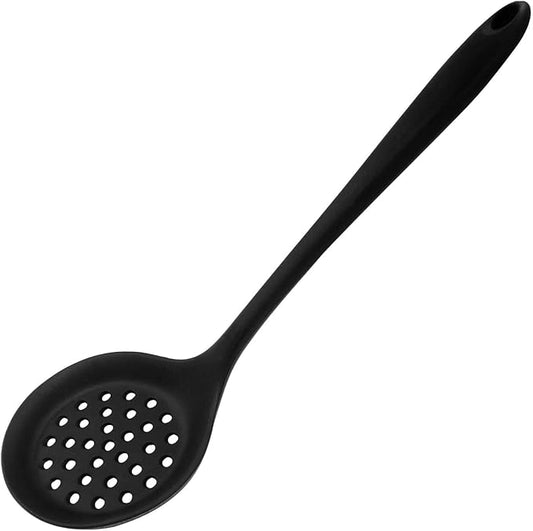 Hordion 1 Pcs Silicone Slotted Spoon, Black Strainer Spoon Non Stick Silicone Skimmer Heat Resistant Cooking Spoon