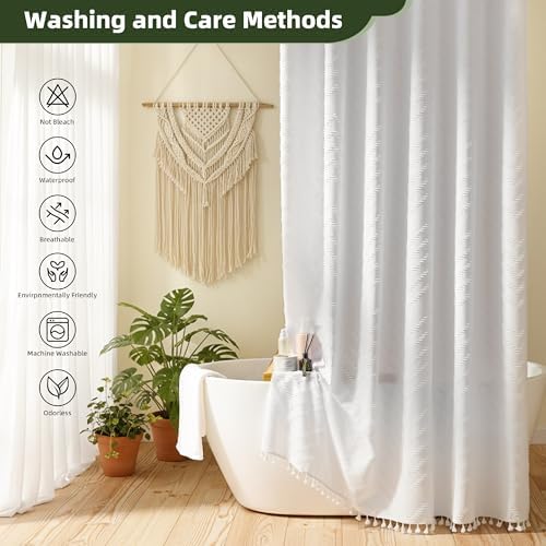 Siiluminisoy Extra Long White Boho Shower Curtain with Tassel, Woven Fabric 90 in Shower Curtain, Tufted Chevron Striped, 72 x 90, Modern Chic Textured Minimalist Bathroom Shower Curtains