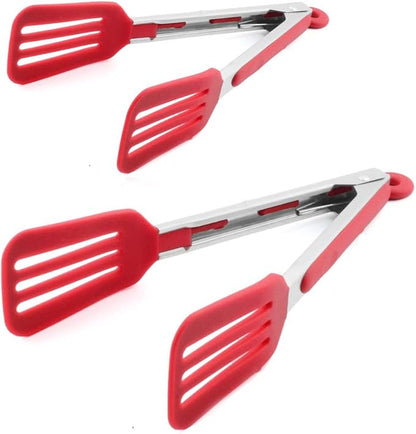 Cooking Tongs 9 inches and 12 inches Stainless Steel Kitchen Silicone Serving Tong Heat Resistant Meat Turner Spatula Tong Fish Tongs with Locking Handle Joint (Red)