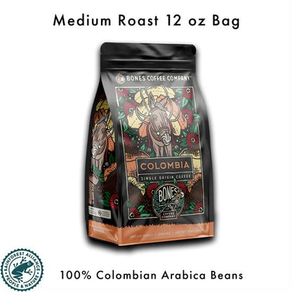 Bones Coffee Company Colombia Single-Origin Coffee, Almonds, Dried Fruit, Vanilla Notes, Flavored Ground Coffee, Medium Roast Low Acid Arabica Beans for Coffee Maker, 12 oz Ground