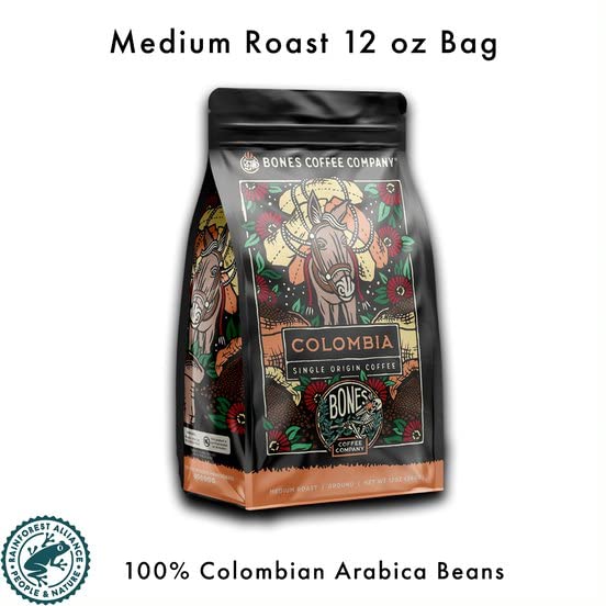 Bones Coffee Company Colombia Single-Origin Coffee, Almonds, Dried Fruit, Vanilla Notes, Flavored Whole Bean Coffee, Medium Roast Low Acid Arabica Beans, 12 oz Whole Bean