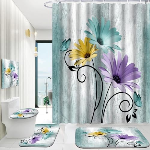 Onalasyc 4PCS Blue Green Daisy Bathroom Sets with Shower Curtain and Rugs