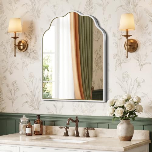 Scalloped Arched Mirror, 18×24Inch Silver Mirror for Bathroom, Wavy Wall Mounted Vanity Mirror with Aluminum Alloy Frame for Livingroom Bedroom and Entryway, Tempered Glass