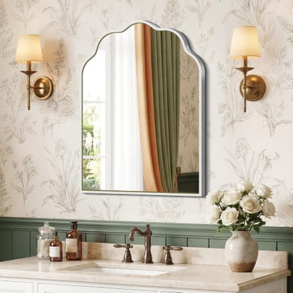 Scalloped Arched Mirror, 18×24Inch Silver Mirror for Bathroom, Wavy Wall Mounted Vanity Mirror with Aluminum Alloy Frame for Livingroom Bedroom and Entryway, Tempered Glass