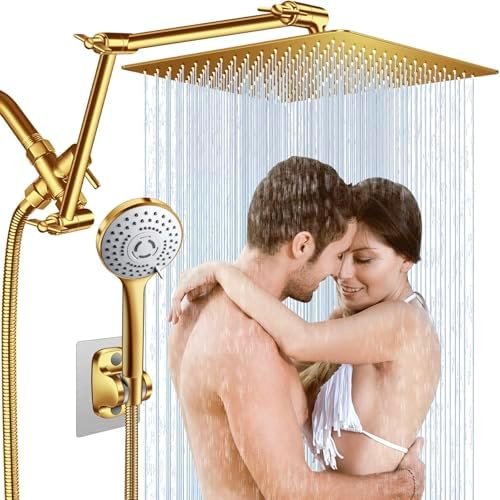 12'' Gold Rain Shower Head with 16” Extension Arm and 5 Setting Handheld