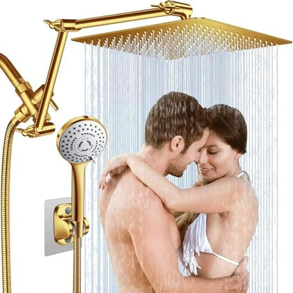 12'' Gold Rain Shower Head with 16” Extension Arm and 5 Setting Handheld