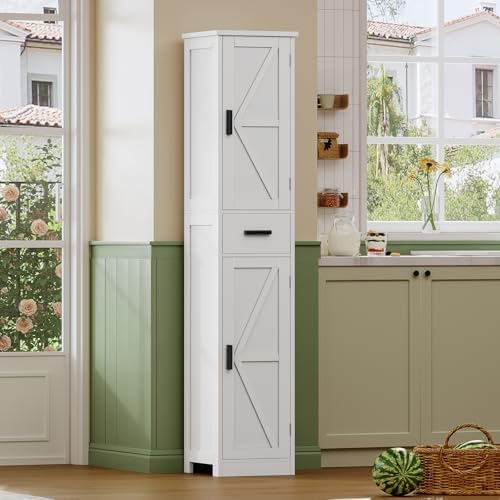 TEENFON 67 Tall Bathroom Cabinet with 6 Shelves & 1 Drawer, Narrow Storage Cabinet with Adjustable Shelves, Silm Cabinet for Living Room, Kitchen, White