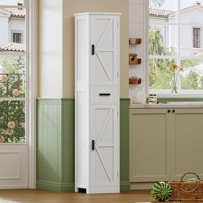 TEENFON 67 Tall Bathroom Cabinet with 6 Shelves & 1 Drawer, Narrow Storage Cabinet with Adjustable Shelves, Silm Cabinet for Living Room, Kitchen, White