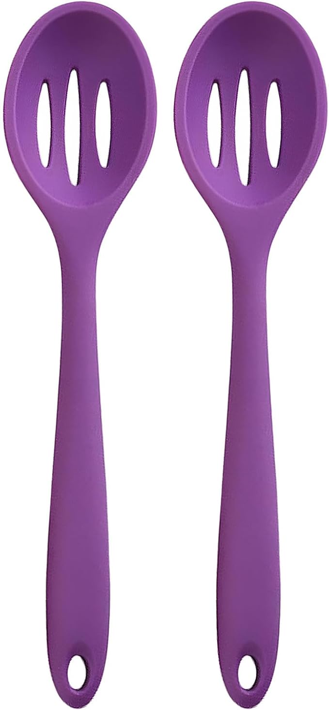 Linwnil 4 Pieces Silicone Slotted Spoons,10.6 Inch Nonstick Mixing Serving Spoons for Kitchen Cooking Bake Stir Draining Tool (2, Purple)