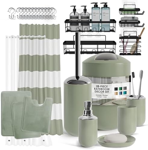 Clara Clark Bathroom Accessories Set - 28PC Bathroom Set with Adhesive Corner Shower Caddy Hanging, Bathroom Sets with Shower Curtain and Rugs, Sage Green Shower Curtain Set with Bathroom Trash Can