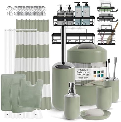 Clara Clark Bathroom Accessories Set - 28PC Bathroom Set with Adhesive Corner Shower Caddy Hanging, Bathroom Sets with Shower Curtain and Rugs, Sage Green Shower Curtain Set with Bathroom Trash Can