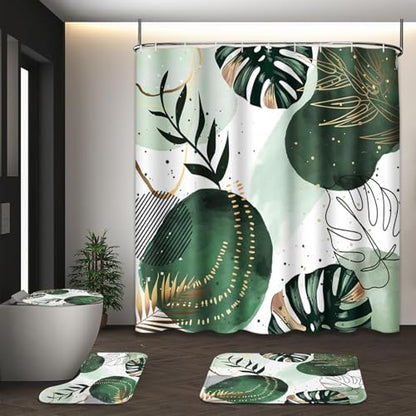 Bathroom Sets with Shower Curtain and Rugs, 4 Pcs, Boho Sage Green