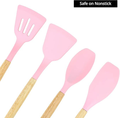 QWORK 12-Piece Pink Kitchen Tool Set - Includes Silicone Cooking Utensils, Whisk and Ladle, Tool Crock