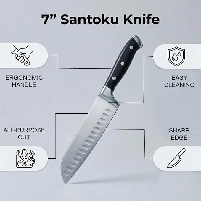 7 Inch High Carbon Steel Santoku Knife, Triple Rivet Kitchen Knives with Ergonomic Handle, Ultra Sharp Japanese Knife for Slicing, Dicing, Chopping Vegetables Meat and Fish