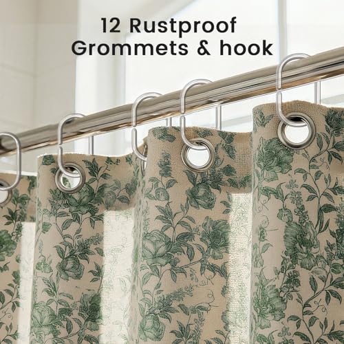 Farmhouse Sage Green Floral Shower Curtain with 12 Clear Rings 72"W x 84"L