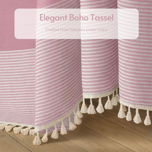 Pink Boho Linen Striped Shower Curtain with Tassel 72" W X 72" L