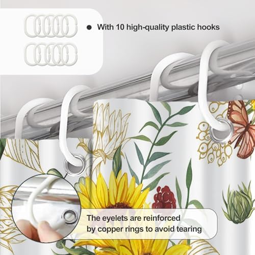 AWERT Vibrant Sunflower Shower Curtain for Bathroom,Waterproof Fabric Plants Shower Curtain with Hooks 72x78 inch