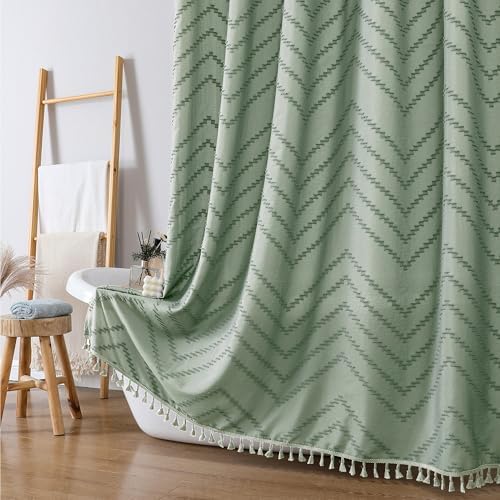 OWENIE Extra Long Sage Green Boho Shower Curtain, Chic Tufted Chevron Striped Textured Cloth Fabric Shower Curtains with Tassel for Bathroom, Soft Hotel Style Farmhouse, Machine Washable, 72x96