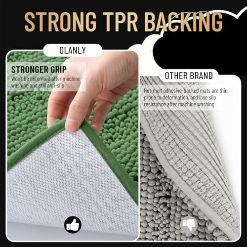 OLANLY Thick Small Bathroom Rugs 24x16, Chenille Bath Rugs, Olive Green