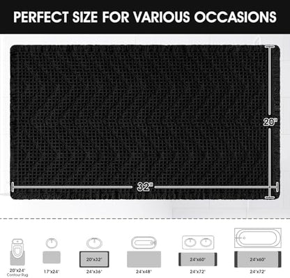 Upgraded Waffle Bath Mat, 32"x20" Black-Herringbone, Super Absorbent Non-Slip Quick Dry Bathroom Rugs with Tassels, Machine Washable Ultra Soft Boho Bath Rugs, Toilet Mats Boho Farmhouse Decor