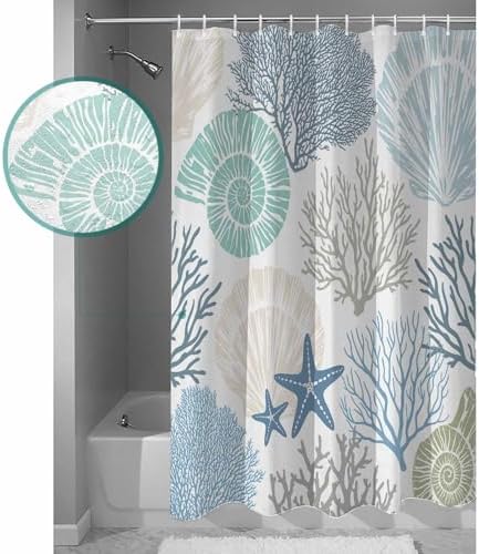 Shower Curtain Bathroom Set Blue Ocean Shells Coral Waterproof Shower Curtains with Grommets Hooks Conch Starfish Marine Life Privacy Bath Curtain for Bathtub Decor 72x72in