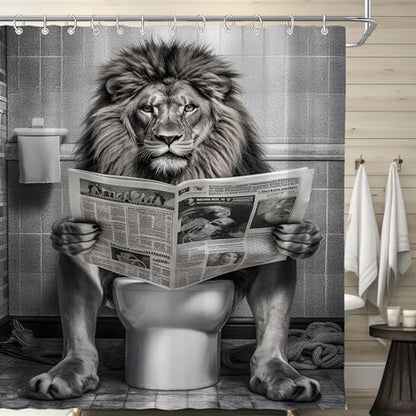 Farmhouse Funny Lion Mens Shower Curtain for Bathroom 72W*72H Inch Black and White Humor Animal Reading on Toilet Bathtub Decor Western Country Animal Waterproof Polyester Fabric Set with 12 Hooks