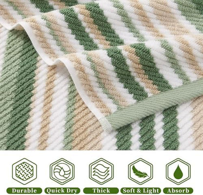 VOOVA & MOVAS Striped Bath Towels 4 Pack, 100% Cotton, 28x52 in, Sage Beige