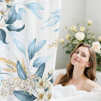 Floral Flower Fabric Shower Curtain with 12 Hooks, 120GSM, 72x72