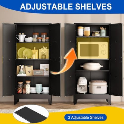 61" Metal Storage Cabinet with 2 Doors and 3 Adjustable Shelves,Black Farmhouse Kitchen Pantry Cabinet,Steel Garage Tool Cabinet,File Cabinetfor Home,Office,Dinning Living Room,Warehouse