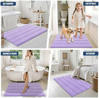 Grandaily Chenille Striped Bathroom Rugs 59x24, Extra Thick and Soft Absorbent Bath Mats, Rubber Backing, Plush Shaggy Shower Carpet, Machine Wash Dry, Bath Rug for Bathroom, Light Purple