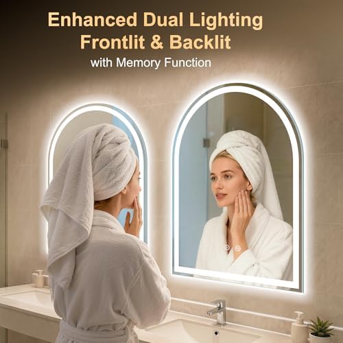 Arched LED Lighted Bathroom Mirror with Lights 28"x36"Smart Anti-Fog