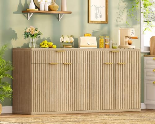TEENFON 31.5" W Fluted Buffet Cabinet with Storage, Sideboard Cabinet, Coffee Bar Cabinet with 2 Doors and Adjustable Shelf for Living Room, Kitchen, Entryway, Natural