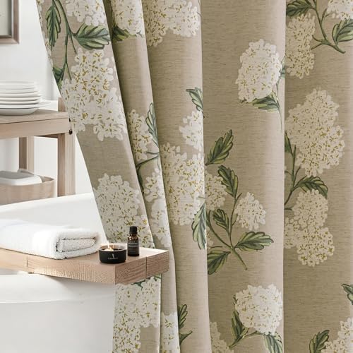 ORTIGIA Linen Textured Ruffle Shower Curtain with Metal Hooks, Off-White Cream Floral Hydrangea Waterproof Bath Curtain for Rustic Farmhouse Bathroom Decor 72x72 Inch