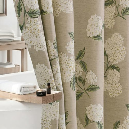 ORTIGIA Linen Textured Ruffle Shower Curtain with Metal Hooks, Off-White Cream Floral Hydrangea Waterproof Bath Curtain for Rustic Farmhouse Bathroom Decor 72x72 Inch