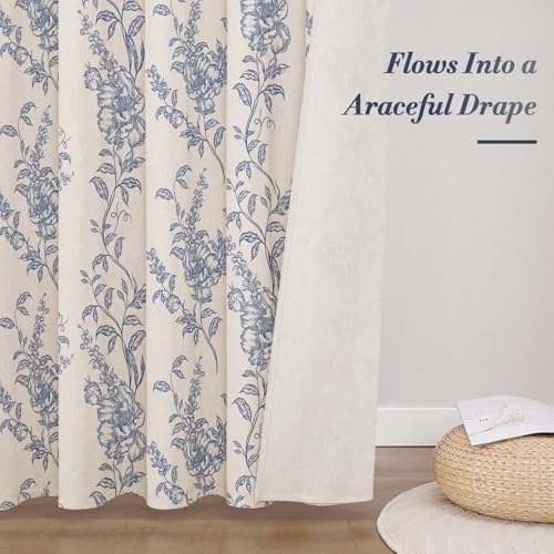 Blue Linen Farmhouse Shower Curtain, Boho Floral Bathroom 36x72