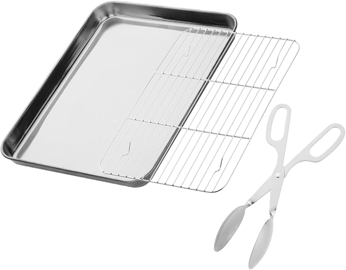 DOCBLACK Baking Sheet with Wire Rack and BBQ Tong Set, Stainless Steel Cookie Sheet Baking Tray & Cooling Rack & 26cm Food Tong for Cooking and Oven, Dishwasher Safe-Silver