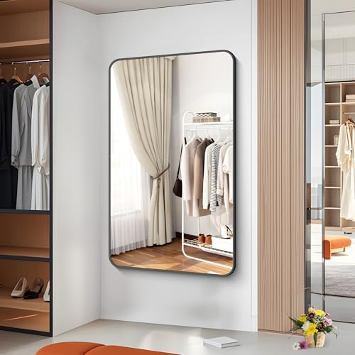 BONEWEI 60x36 inch Large Bathroom Mirror,Black Rectangle Mirror,Wall Mounted Bathroom Frame Vanity Mirror with Round Corner for Bedroom Living Room, Entryway Hangs Horizontal or Vertical