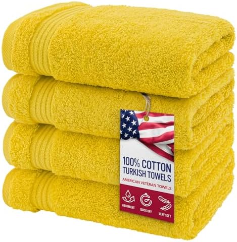 American Veteran Towel, Hand Towels for Bathroom Set of 4, 100% Cotton Turkish Hand Towel Sets, Soft Hand Face Towels, Yellow Hand Towels