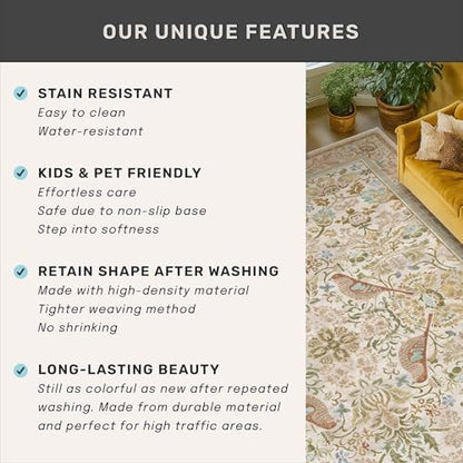 Vintage Beige 8ft Round Rug for Dining Room Under Kitchen Table - Large Floral Circle Area Rug for Bedroom, Living Room, Washable Low Pile Non Slip, Ultra Soft Beige Taupe Botanical & Bird Pattern