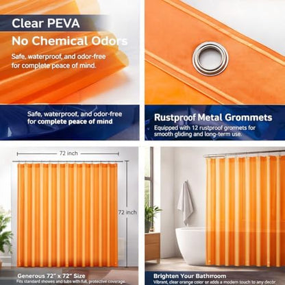 EHZNZIE Orange Shower Curtain Liner 72x72, PEVA Waterproof Bath Curtain, No Chemical Smell, 3 Weighted Magnets, Durable with Rustproof Metal Grommets