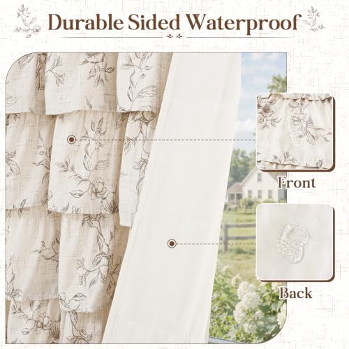 Long Farmhouse Floral Shower Curtain, Ruffle Bathroom Curtains, 72"Wx78"L