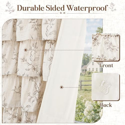 Long Farmhouse Floral Shower Curtain, Ruffle Bathroom Curtains, 72"Wx78"L