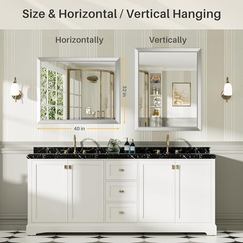 Briivue Bathroom Wall Mirror, Silver Brushed Nickel Metal Frame, 40x32 Inch